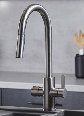 EVO PLATINUM/450 SERIES 4 IN 1 BRUSHED NICKEL BOILING WATER MONO DUAL LEVER SWAN NECK PULL-OUT KITCHEN SINK MIXER TAP with SWIVEL SPOUT, BWT452BN